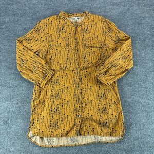 LL Bean Signature Womens‎ Mustard Yellow Floral Button Down Tunic Shirt Size 12